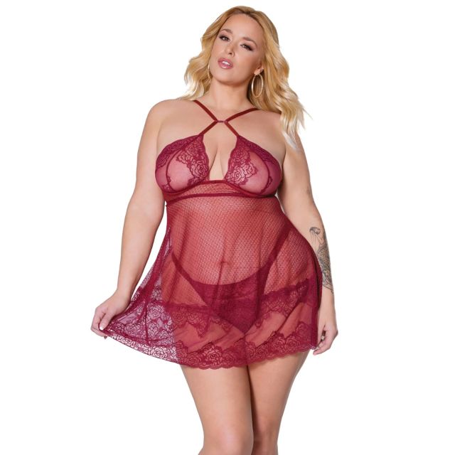 Coquette Plus Size Pinot Noir Babydoll &amp; Thong Set CQ22312X