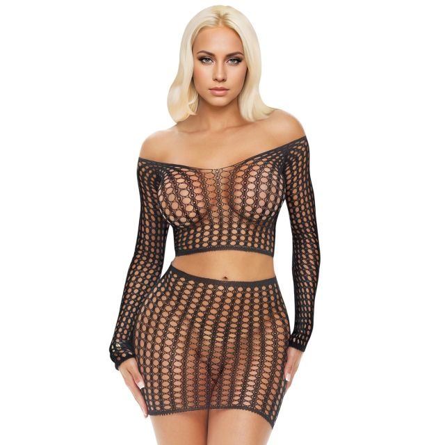 Electric Lingerie Long Sleeve Fishnet Crop Top &amp; Mini Skirt Set EL1009