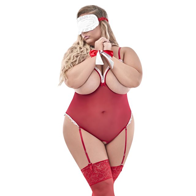 Magic Silk Cupless&amp; Crotchless Teddy w/ 2pc Bondage Set L178Q