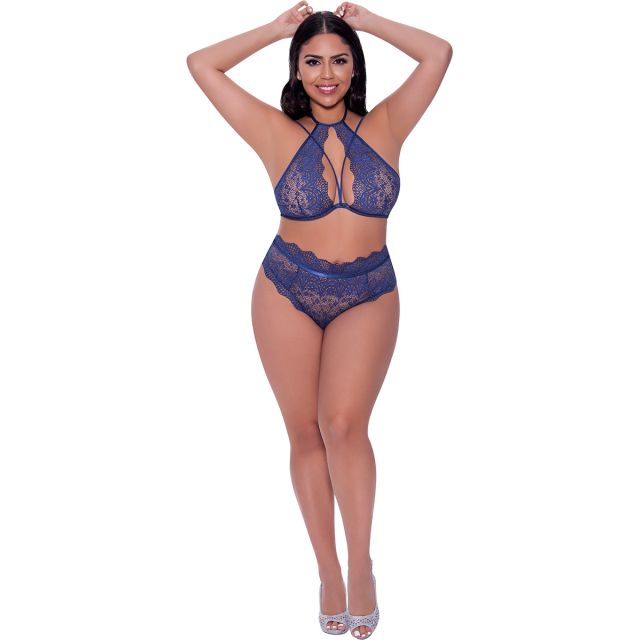 Magic Silk Halter &amp; Lace Up Panty Set M345Q-BLUEBERRY
