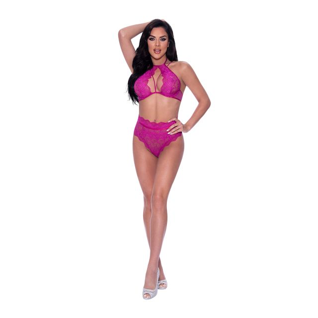 Magic Silk Halter &amp; Lace Up Panty Set M345-RASPBERRY