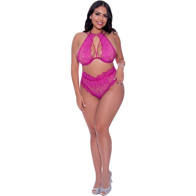 Magic Silk Halter &amp; Lace Up Panty Set M345Q-RASPBERRY