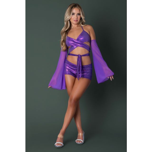 Magic Silk Glimmer Wrap Bralette, Booty Shorts &amp; Sleeve Set M402